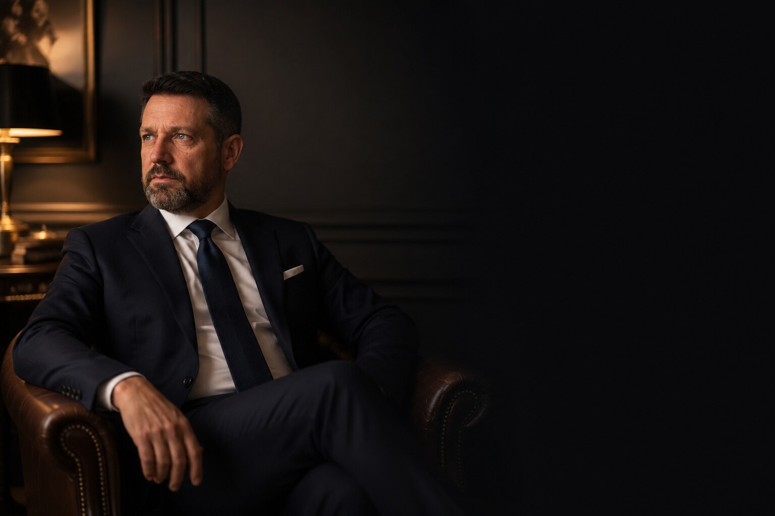 Hemerson Reis, founder of BonaReis Premier, seated in a leather armchair in a dark wood-panelled room, wearing a navy suit and tie