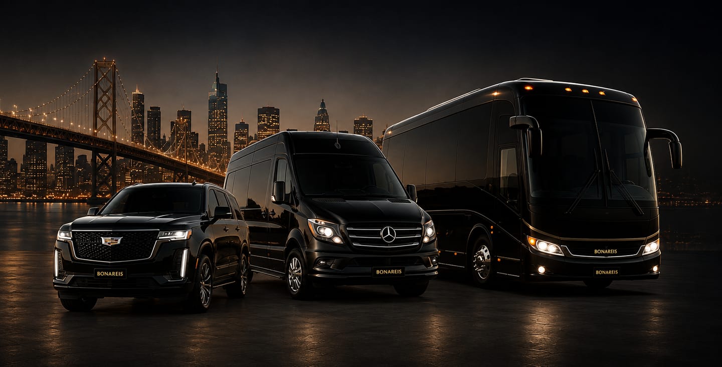 The BonaReis Premier fleet at night — a black Cadillac Escalade SUV, a black Mercedes-Benz Sprinter van and a black coach bus, with the Bay Bridge and the San Francisco skyline behind them