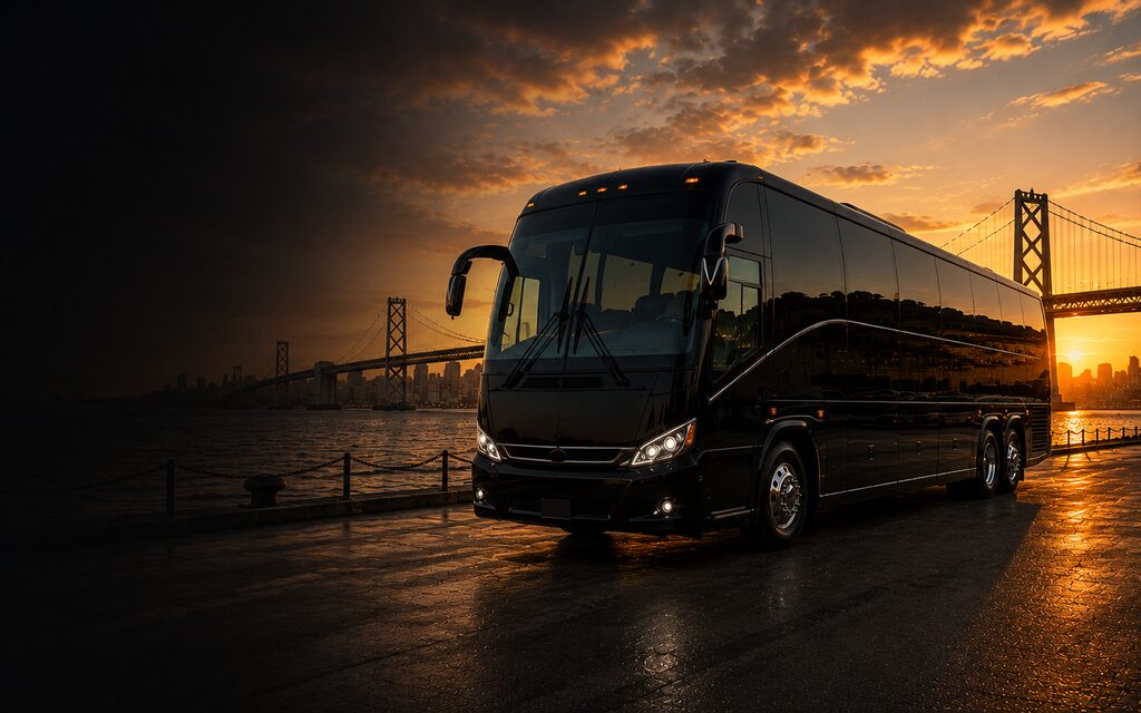 Black luxury charter coach on the San Francisco waterfront with the Bay Bridge at sunset