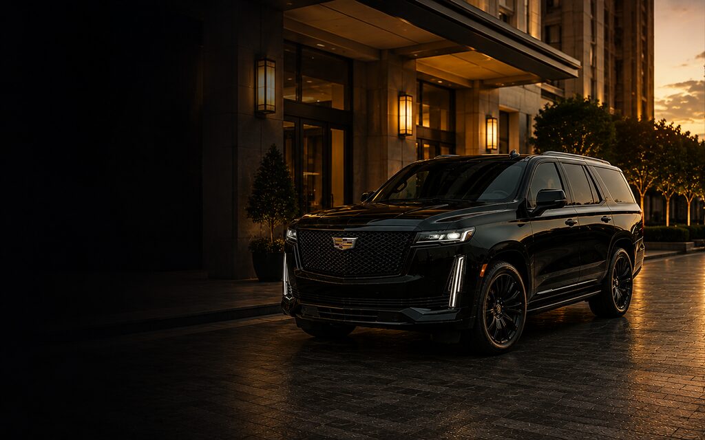 Black full-size luxury SUV parked at an upscale hotel entrance at golden hour