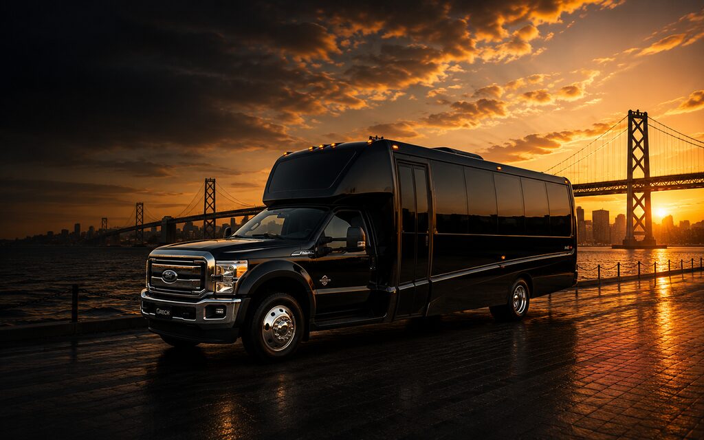 Black minibus on the San Francisco waterfront, city skyline and Bay Bridge behind at sunset