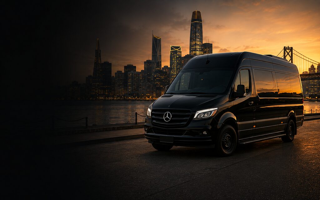 Black high-roof executive passenger van on the San Francisco waterfront, city skyline and Bay Bridge behind at sunset