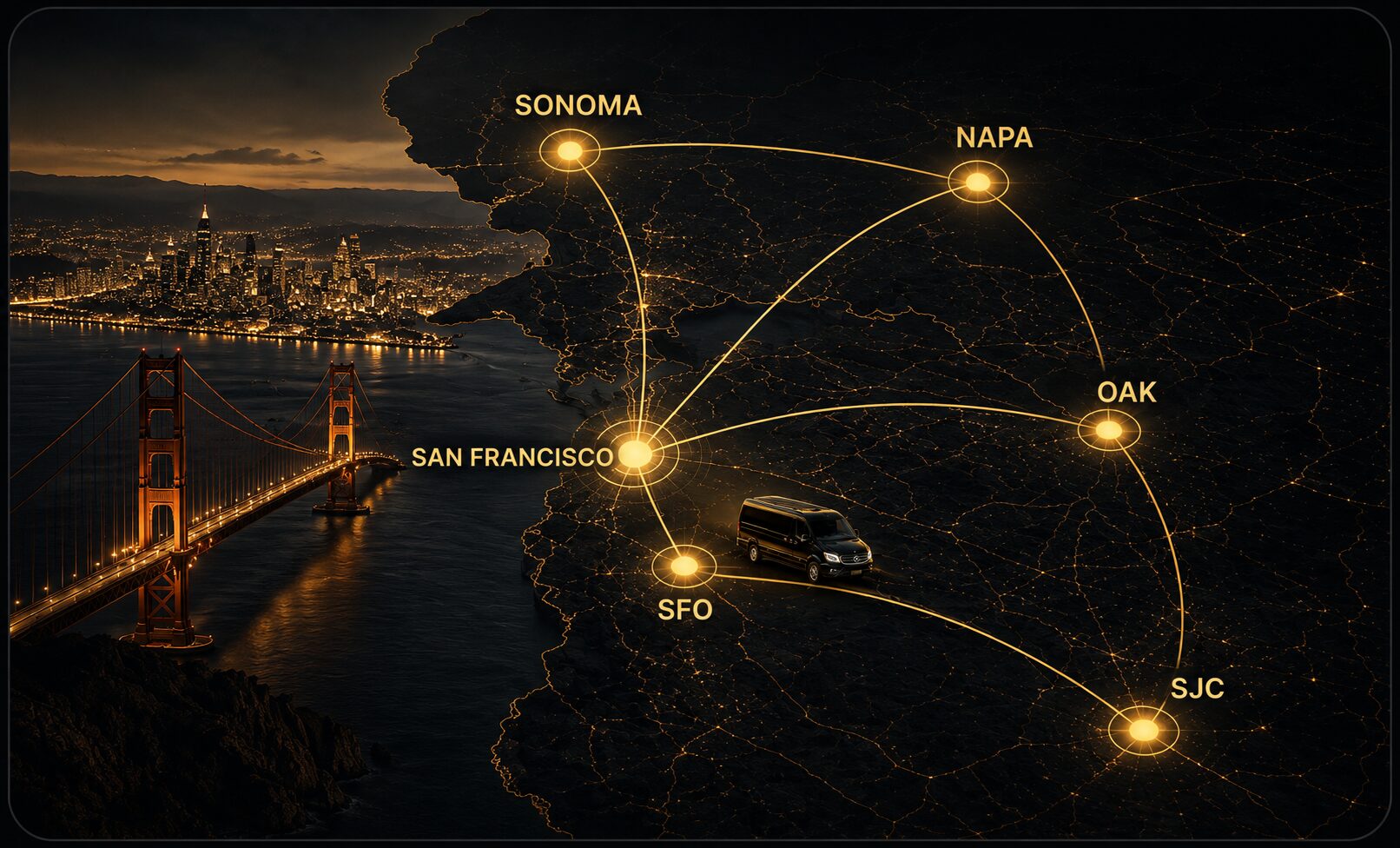 Service area map of the San Francisco Bay Area connecting San Francisco, SFO, OAK, SJC, Napa, and Sonoma, with the Golden Gate Bridge and the city skyline